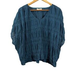 NATURAL LIFE Teal Blue Crinkled V-Neck Blouse